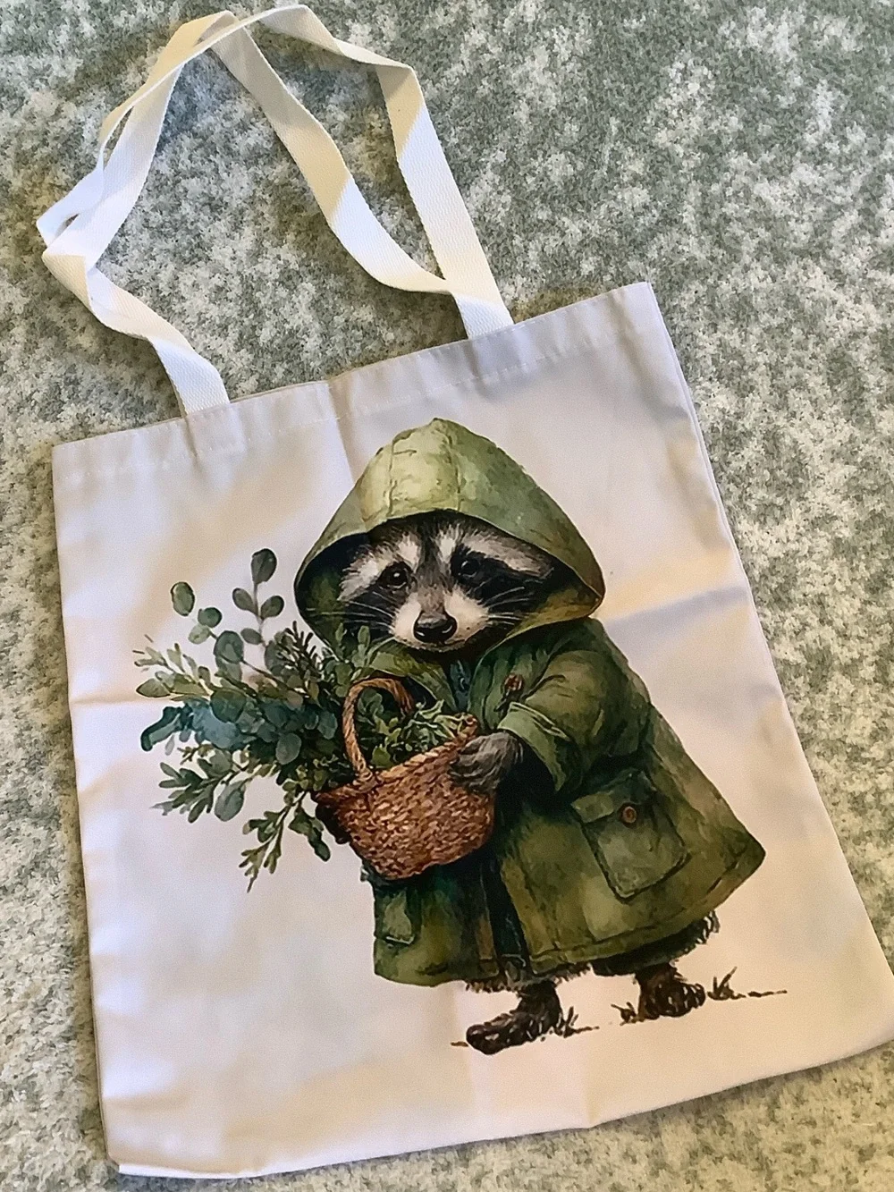 Foraging Raccoon Poly Canvas Tote Bag NWT 13.5x16”